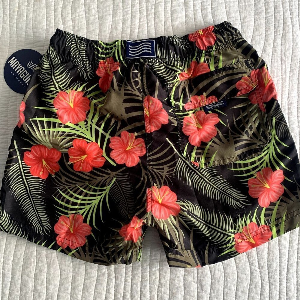 Mayaguana Honolulu Boys Youth Swim Trunks NEW SZ XS (8/10?) Black Red Floral - Picture 2 of 11